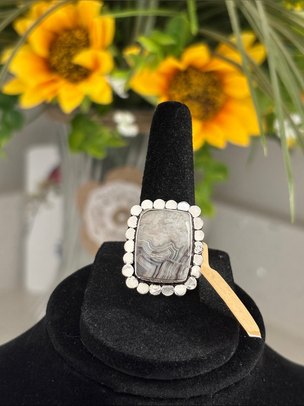 Sterling Crazy Lace Agate Gemstone Statement Ring Size 7.75
